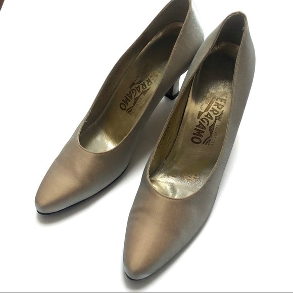 Salvatore Ferragamo Shoes - Salvatore Ferragamo Vintage Gold Satin Pumps Size 9AA Made in Italy Heels